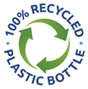 Logo of a 100% recycled plastic bottle with a recycling symbol.