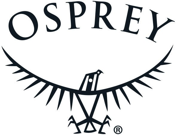 Osprey logo with a stylized bird and backpack design on a white background